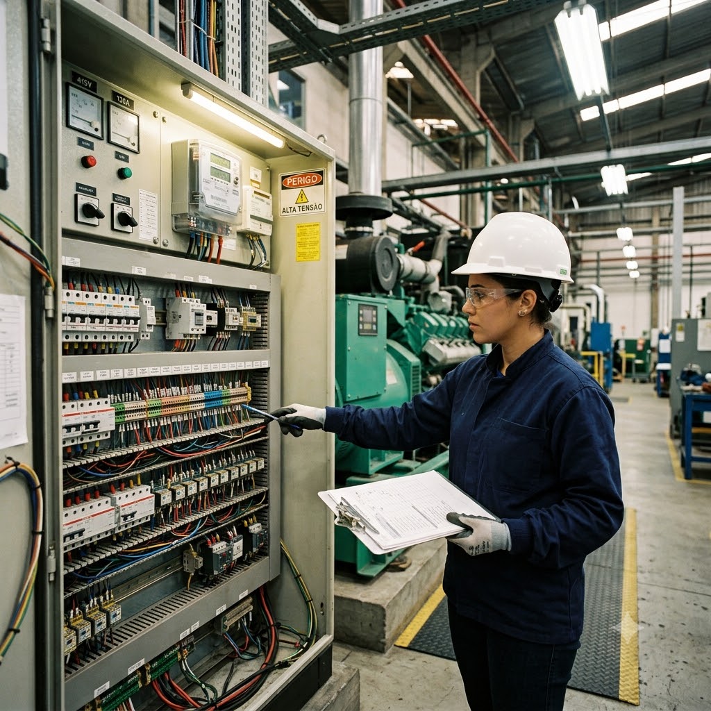 Engenheiro com prancheta inspecionando um grande painel elétrico ou gerador industrial.