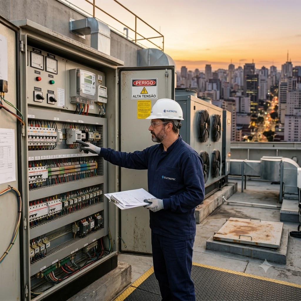 Engenheiro com prancheta inspecionando um grande painel elétrico ou gerador industrial2