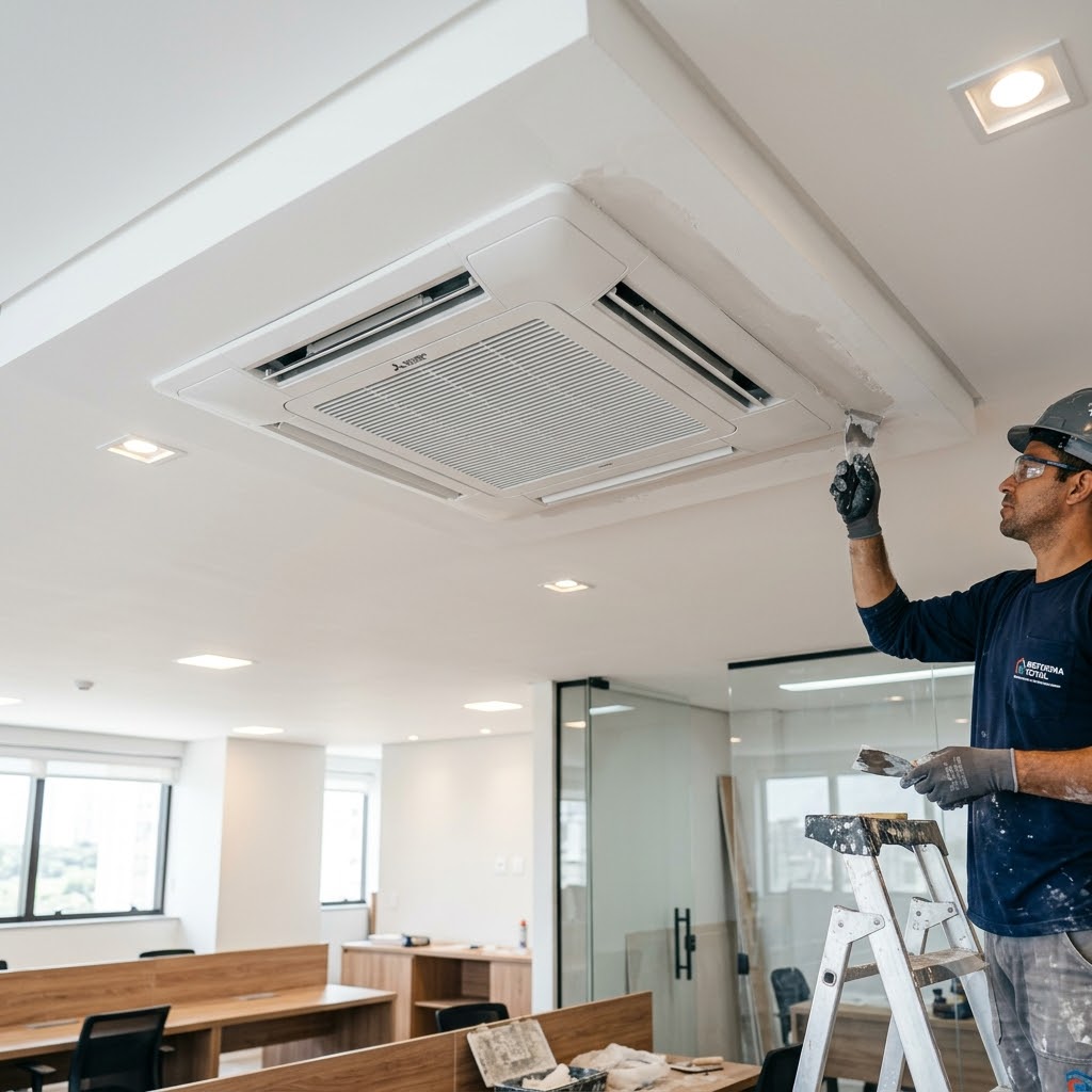 Finalização civil de teto drywall com embutimento de Ar Condicionado Cassete.