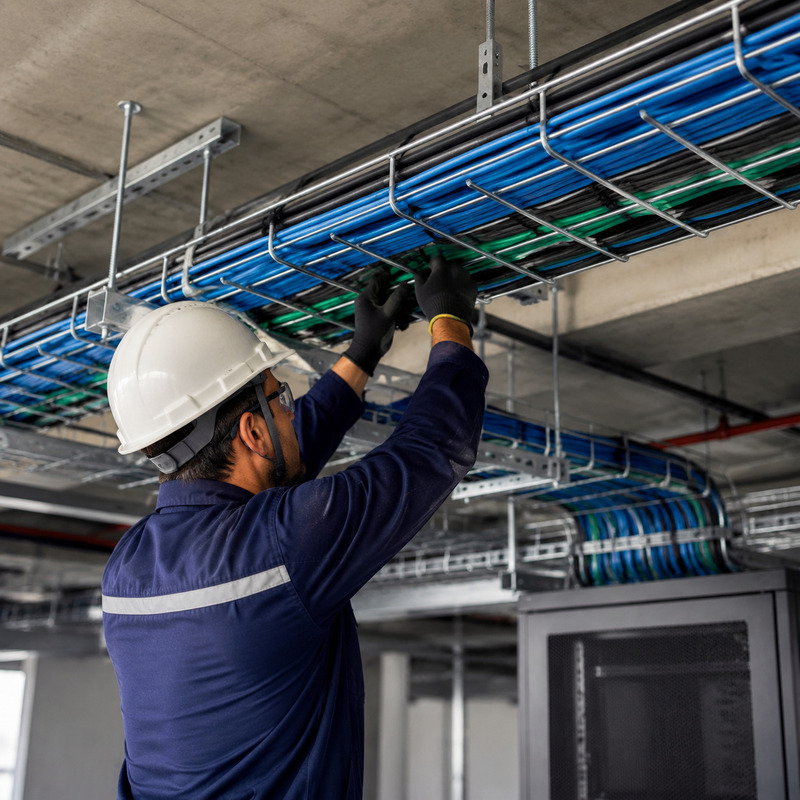 tecnico organizando cabos